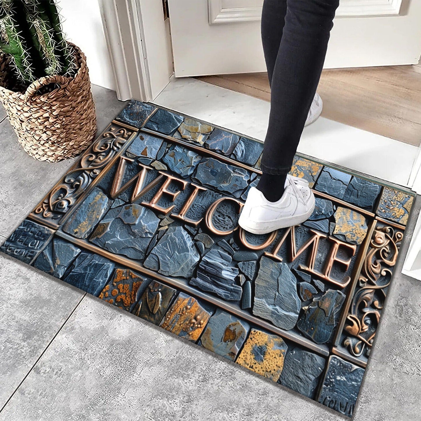 3D Real Stone Pattern Cobblestone Welcome Mat - Durable, Non-Slip & Waterproof, Easy to Clean Polyester Mat for Home Decor, Ideal for Entryway, Living Room, Bathroom, and Outdoor Spaces.