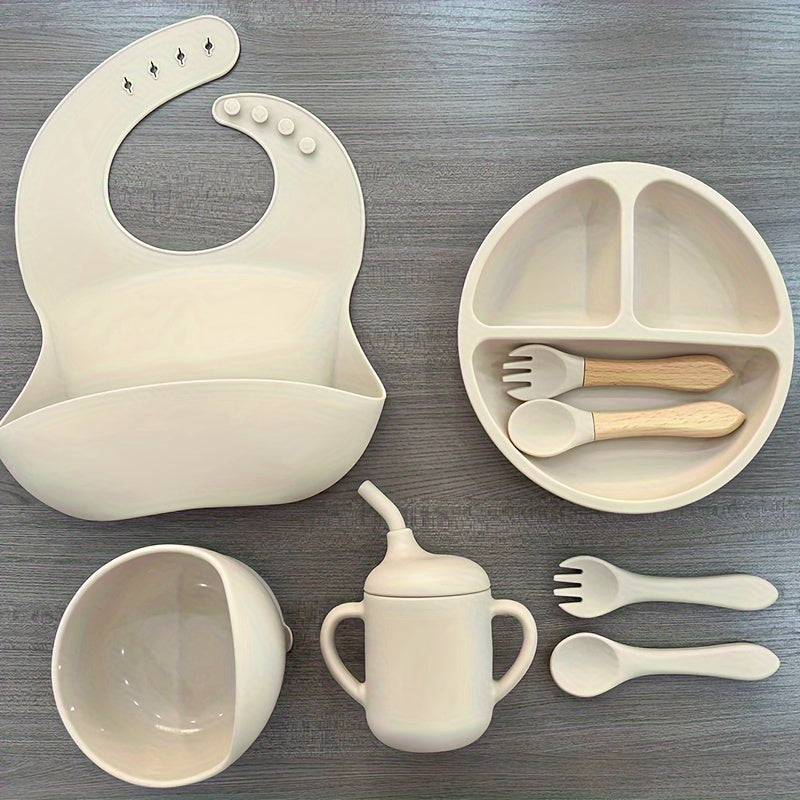 Silicone Baby Feeding Set by WHZWYK - Safe for Microwave & Oven - Suitable for Ages 0-3 - Complete with Suction Plate, Soft Bowl, Spoons, Forks, Adjustable Bib, Snack Cup - Ideal for Self-Feeding