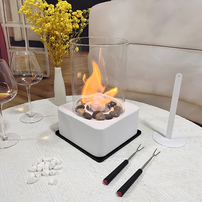 Modern Metal Bioethanol Fire Pit - Portable Tabletop Alcohol Fireplace with 2 Stone Choices, Comes with Base Mat & Gloves for Indoor/Outdoor Use