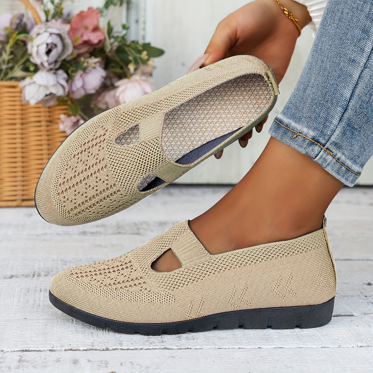 Comfortable slip-on flats with rubber sole, breathable fabric upper, support, for all-season wear.