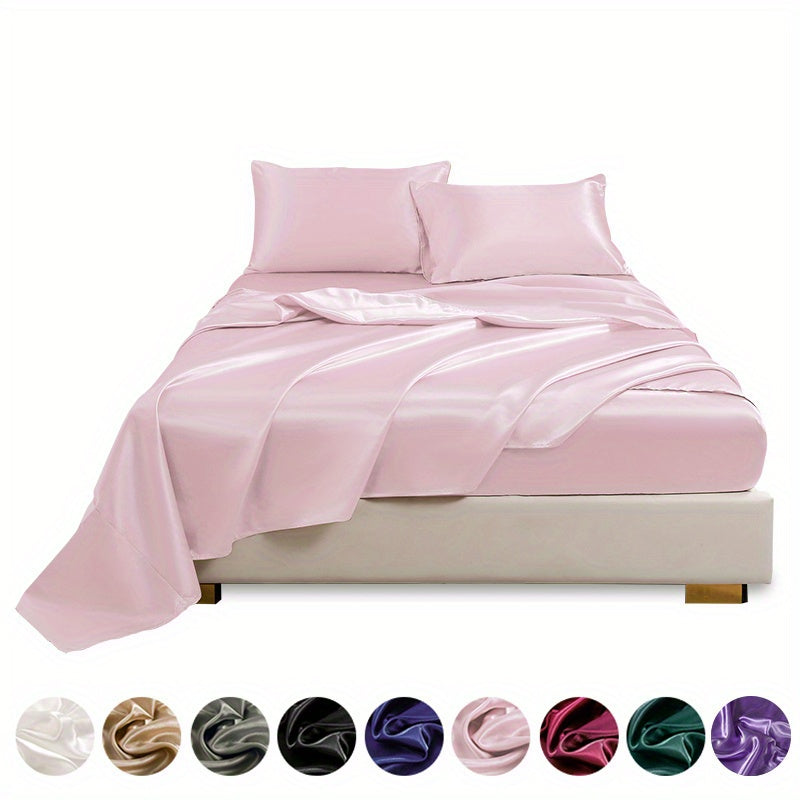 4 pieces of polyester satin solid fitted sheet set includes 1 fitted sheet, 1 flat sheet, and 2 pillowcases, available in Twin, Full, Queen, or King sizes.