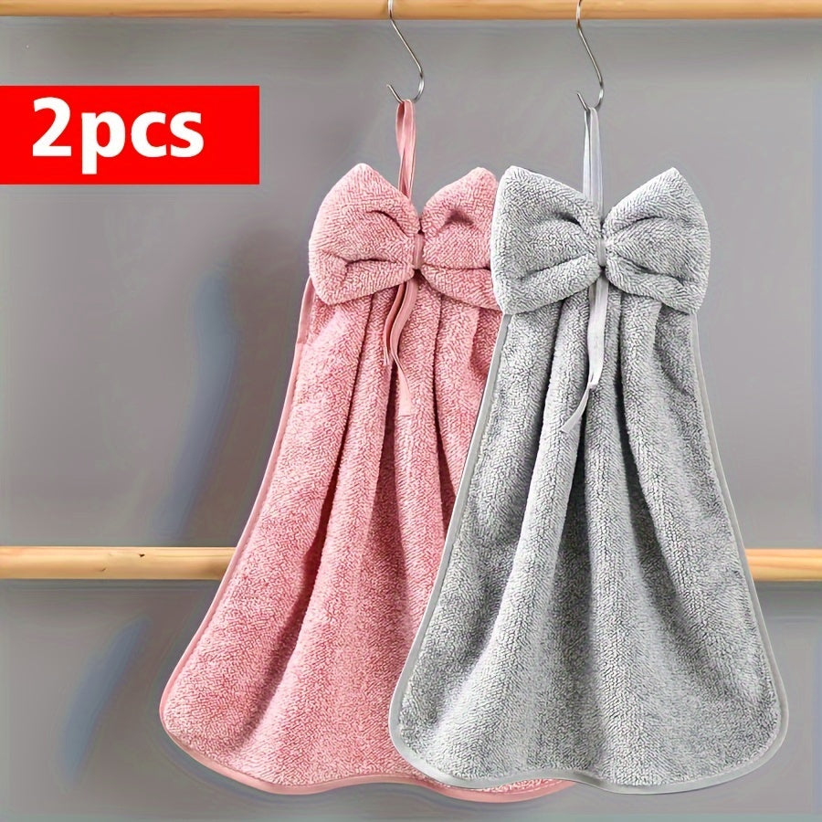 2 Bowknot Hanging Towels - Soft, Quick-Dry Coral Fleece with Loop for Kitchen & Bathroom - Ideal for Cleaning & Drying