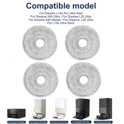 The Dreame 4-Pack Robot Vacuum Mop Pads are designed to be compatible with various models including L10s Pro Ultra Heat, X40 Ultra, X30 Ultra, L10s Pro Gen 2, X30 Pro Plus, X30 Pro Ultra, L20 Ultra, L10s Ultra, L10s Plus, and L10 Prime. These washable