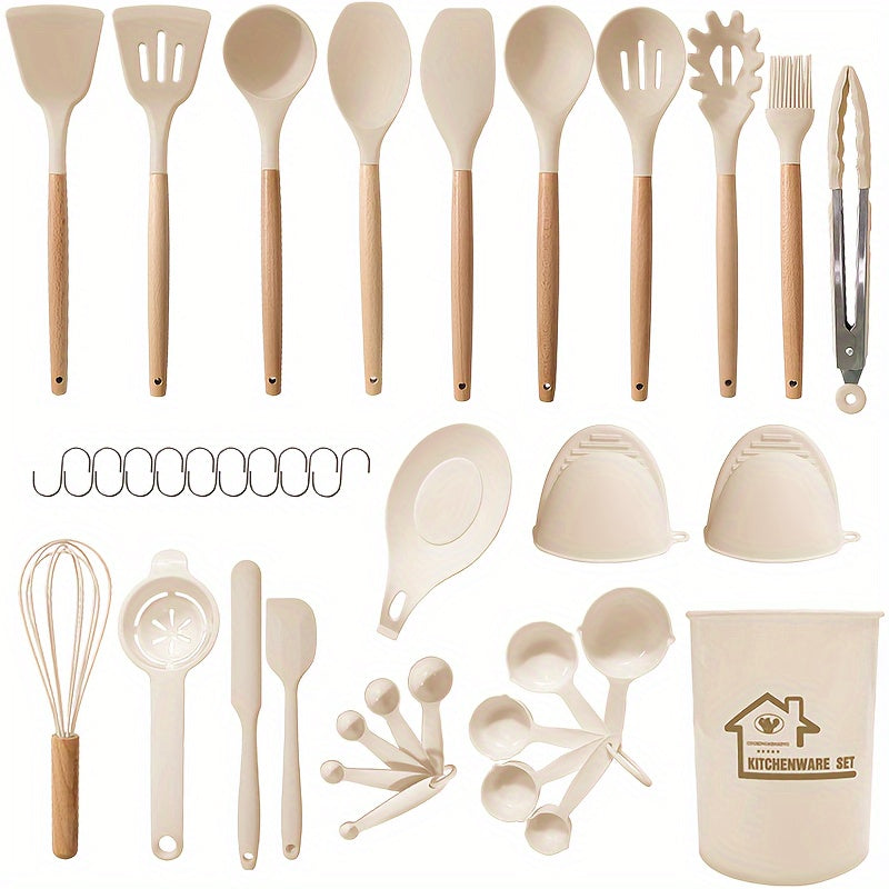 38-piece set of silicone utensils with wooden handles, designed for safe and non-stick cooking. This modern cookware collection is washable and includes all the kitchen essentials and gadgets you need.