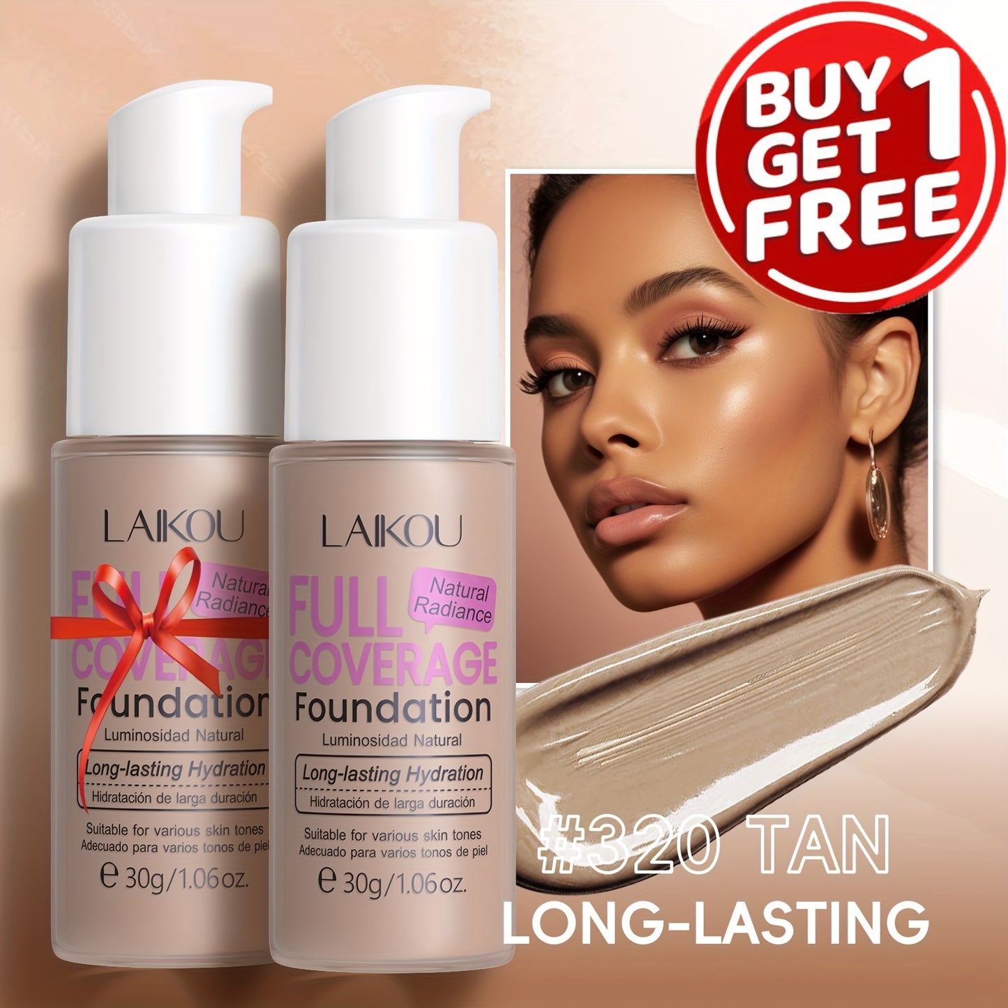 LAIKOU Full Coverage Foundation: Moisturizing, buildable concealment in 6 shades. Infused with hyaluronic acid & pear powder. Suitable for all skin types. Waterproof and pore-minimizing.