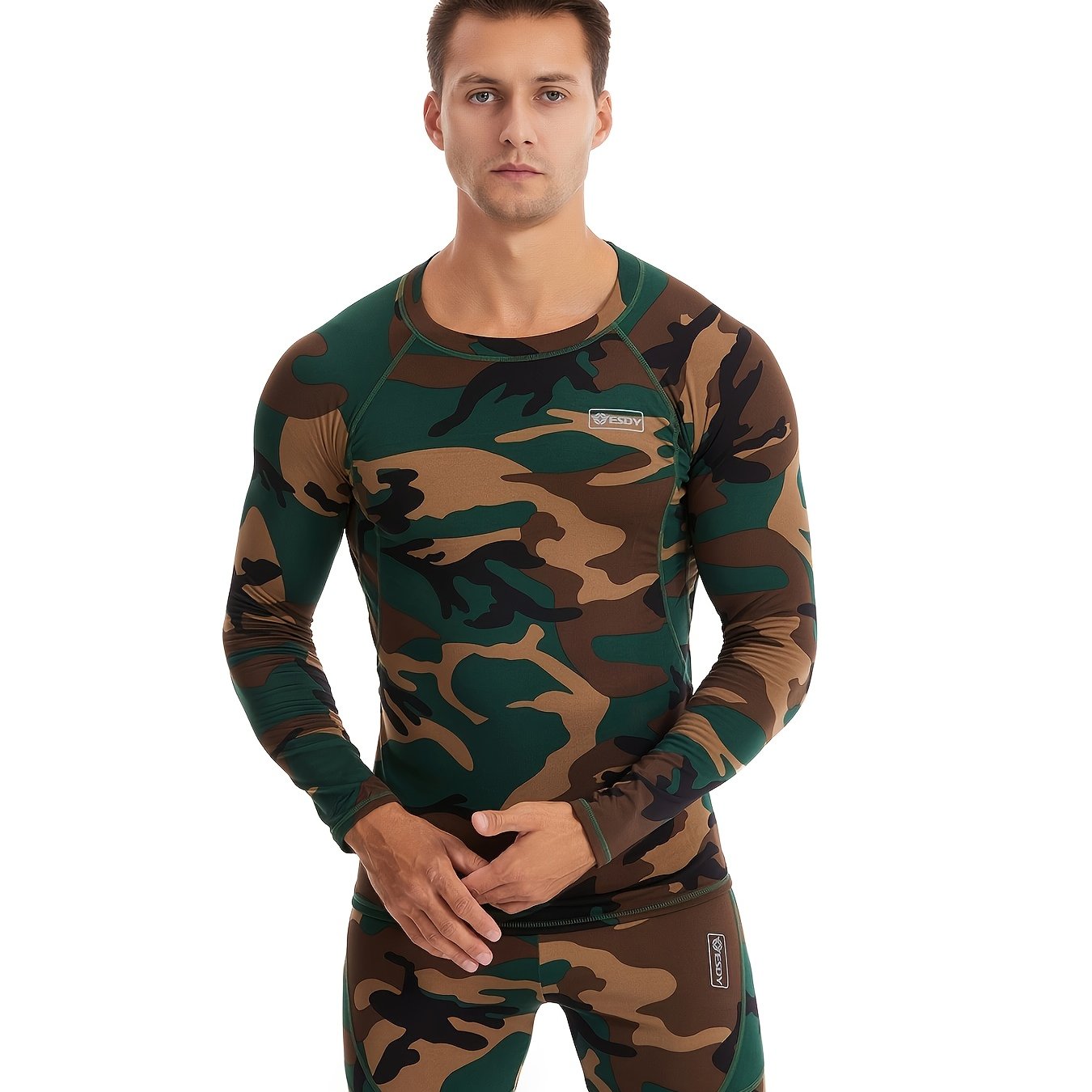 ESDY Men's Camouflage Thermal Underwear - 90% Polyester 10% Spandex, Long Sleeve Crew Neck, Skinny Fit, High Stretch Knit Fabric, Solid Color, for Hiking & Outdoor Activities, Fall/Winter