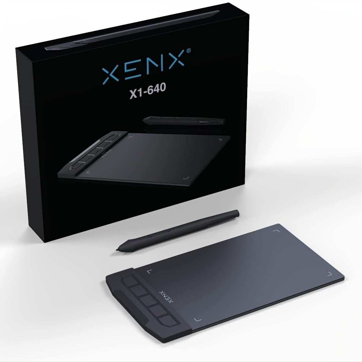 XENX Drawing Tablet features ABS material, 8192 pressure levels, 5080 LPI pen resolution, and 266 PPS reporting rate. It has 2 programmable buttons, no battery, and is compatible with both