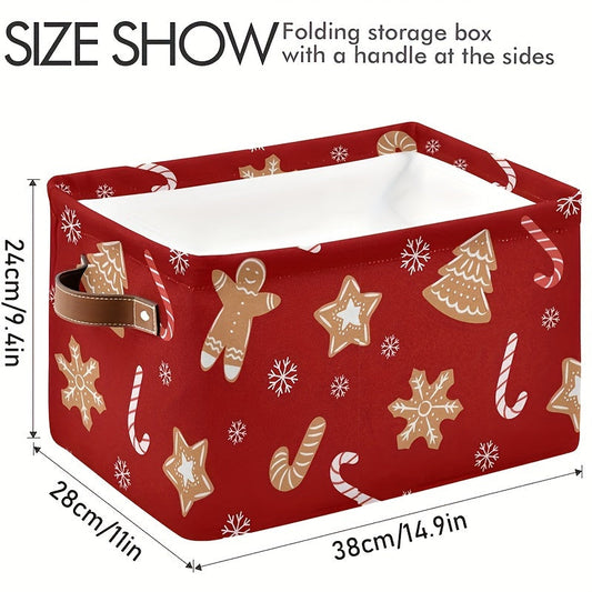 Rectangular Foldable Christmas Snow Buffalo Storage Basket with Leather Handle, Ideal for Closet, Toys, Clothes, Nursery, and Gifts. Dimensions 36.07x25.91x21.08 cm. Made of Fabric Material. Features an Unfinished Stand-Alone Design.