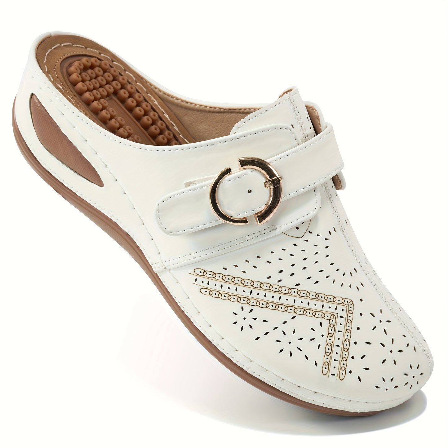 Women's trendy wedge clogs with closed toe and buckle strap decor, casual outdoor slide sandals.