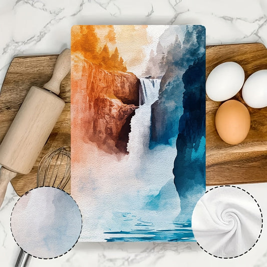 Set of 2 Ultra Soft Kitchen Towels featuring a Vibrant Design of Lower Falls at Yellowstone National Park. These Highly Absorbent and Machine Washable Dish Hand Towels measure 40.64x60.96 cm - Perfect for Holiday Decor and Everyday use in the kitchen.