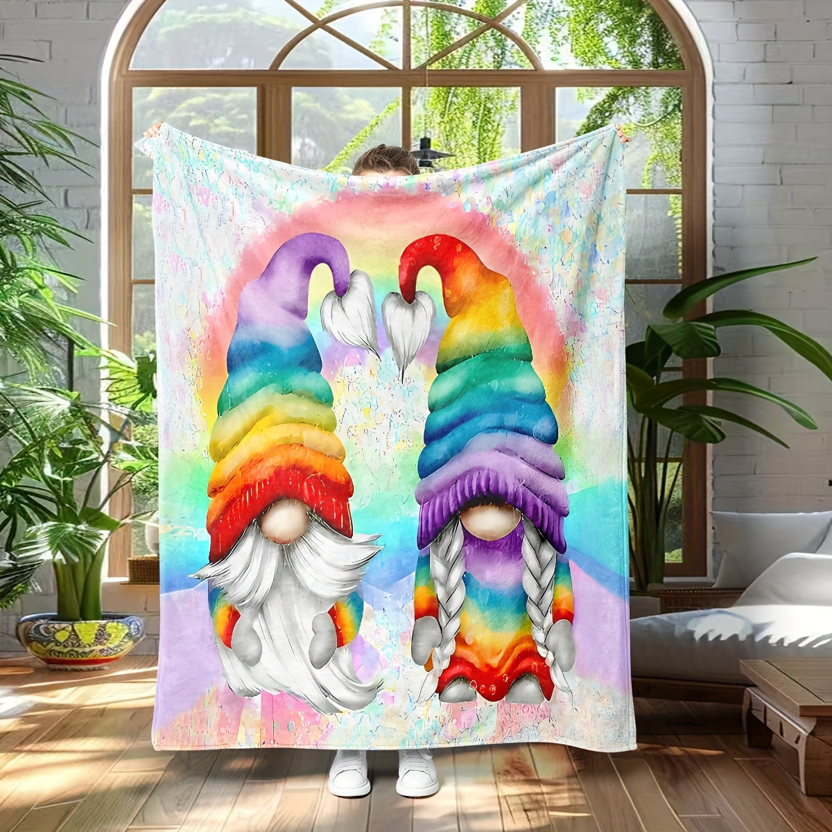 This cozy 1PC Contemporary Cartoon Gnome Throw Blanket is perfect for any sofa or bedroom. It is machine washable, stain resistant, and made of soft and warm knitted polyester. This decorative blanket can be used all year round and is ideal for travel