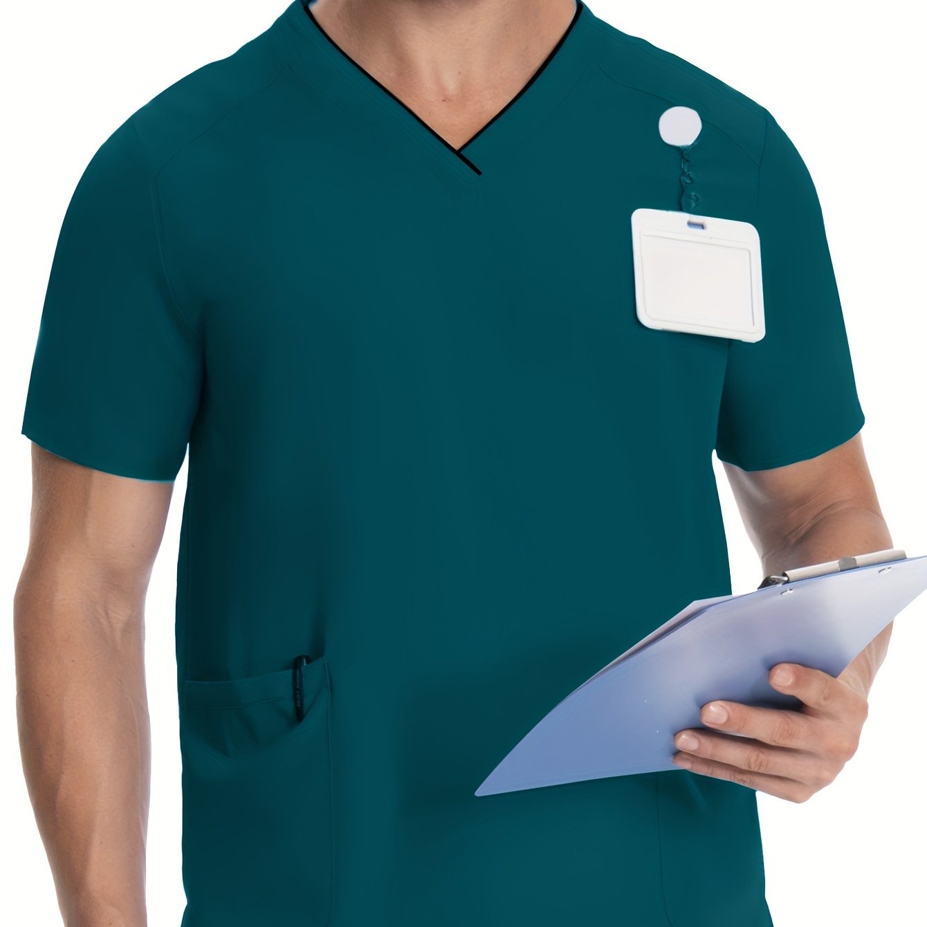 Men's Short Sleeve V-Neck Scrubs with Pockets, Polyester Lab Coat, Breathable with Slight Stretch, Regular Fit, Ideal for Pet Grooming and Medical Uniforms in Spring/Summer/Fall.