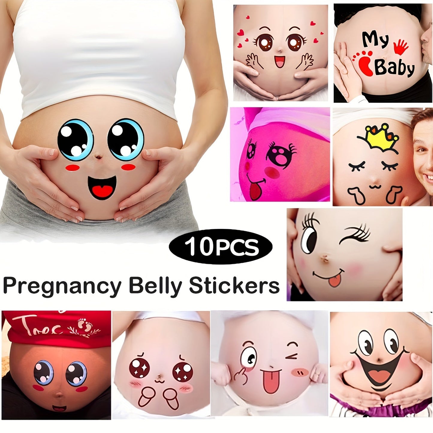 This set includes 10 Pregnancy Belly Stickers, featuring fun expressions for maternity photos. They are a unique novelty gift for expectant mothers, suitable for ages 14 and up. Made from high-quality paper, these stickers are a memorable keepsake for