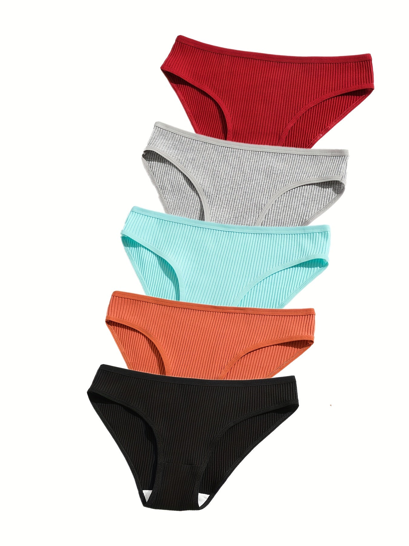 5 comfortable women's briefs with butt lift, low-rise, breathable, double-layered, available in red, gray, teal, orange, and black solid colors. Made of soft ribbed stretch material.