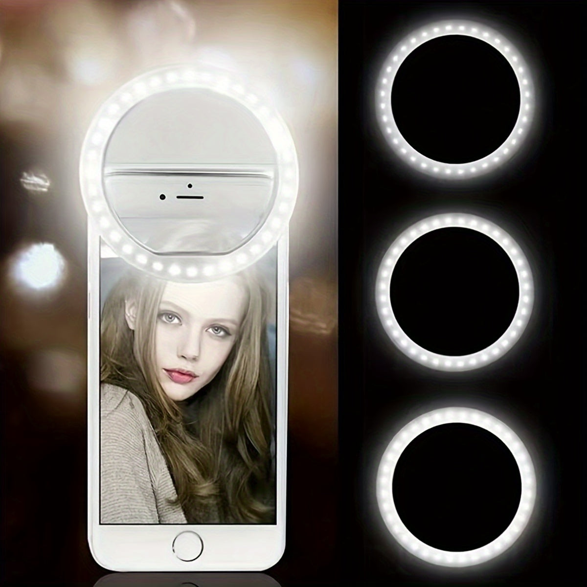 36 LED selfie ring light with USB rechargeable feature, adjustable brightness levels, ideal for Youtube, Tiktok, and smartphone makeup gifts in Pink, White, Blue, and Black colors.