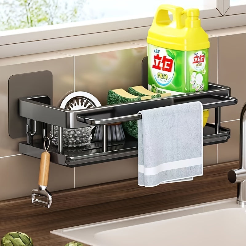 Space-saving kitchen and bathroom sink organizer with towel rack available - Made of durable plastic and metal. This multi-functional wall-mounted storage solution is perfect for sponges, soap, and cleaning tools. Includes drainage slots and under sink