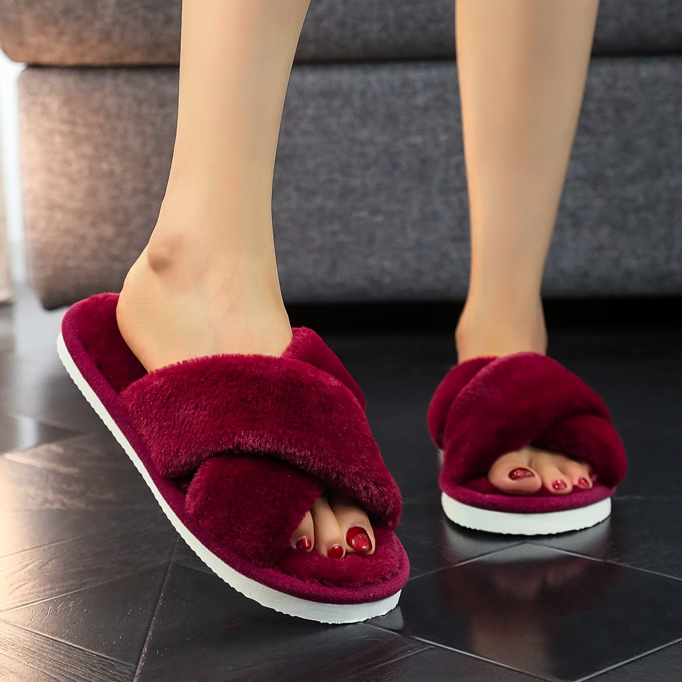 Soft and cozy plush women's slippers with open toe, cross strap design and quiet, warm sole for indoor comfort. Perfect for all seasons.