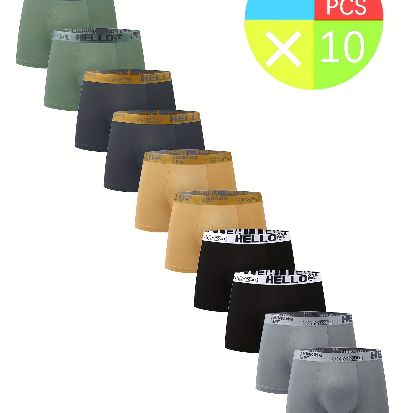 Men's boxer briefs in sets of 3, 5, 7, or 10. Made of breathable polyester knit fabric with solid color. High stretch, quick dry, comfortable for daily wear.