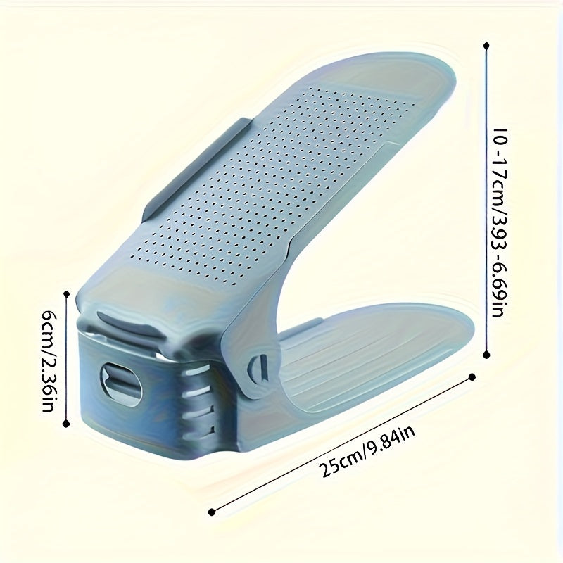 Two-tier stackable shoe organizer made of plastic, suitable for home use. Can be adjusted to save space and without the need for electricity. Versatile for use in bedrooms, living rooms, and dorms.