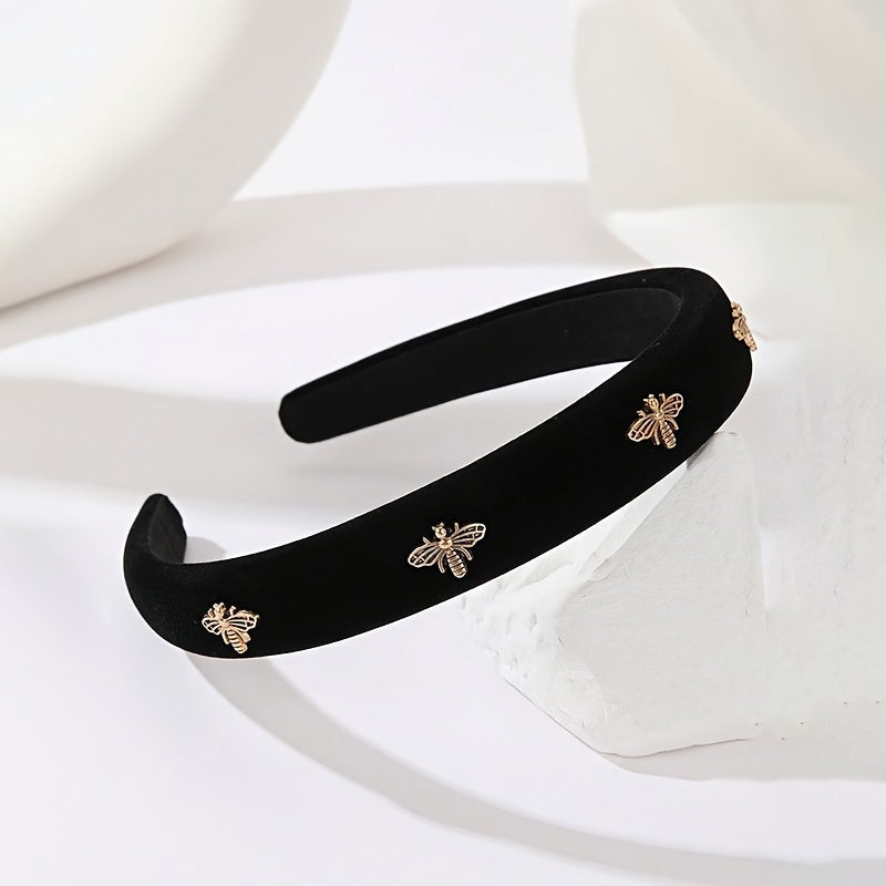 Stylish black velvet headband with golden bee embellishments, perfect for women on Valentine's Day.