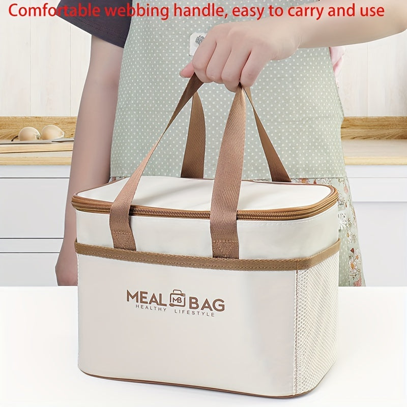 Set of insulated lunch bags with handle, made of hand washable light beige polyester material, featuring a thick aluminum foil lining for insulation. These waterproof thermal food container totes come in three different sizes, perfect for work or school.