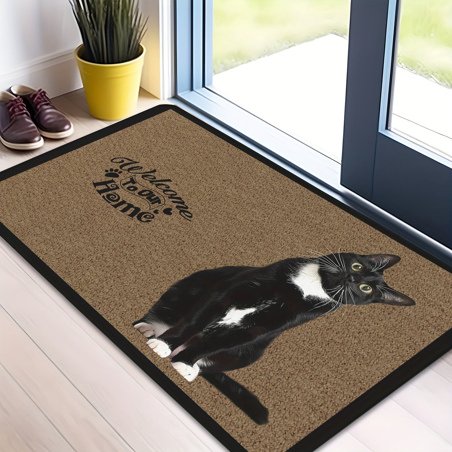 Cat Pattern Door Mat, featuring a Non-Slip Base, Stain Resistant, and Quick Drying properties. Suitable for Indoor and Outdoor use in areas such as the Kitchen, Entryway, Living Room, Balcony, Laundry Room, and more. Enhance your Home Decor with this