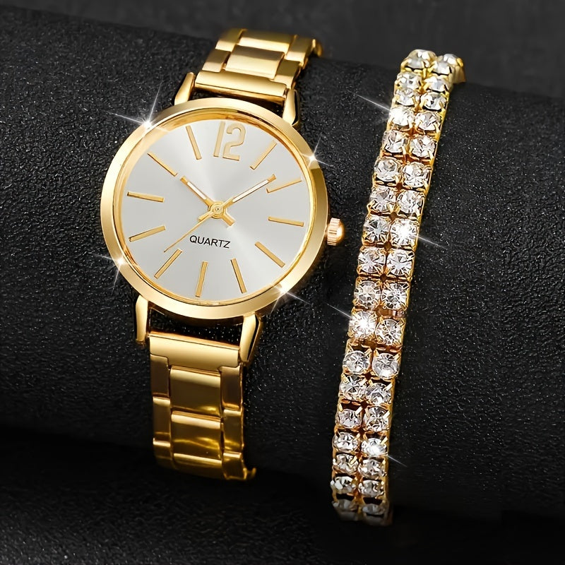 Six elegant ladies quartz watches and bracelet suits with round zinc alloy case, stainless steel strap, casual round simulation dial with steel band, and shock-proof movement.