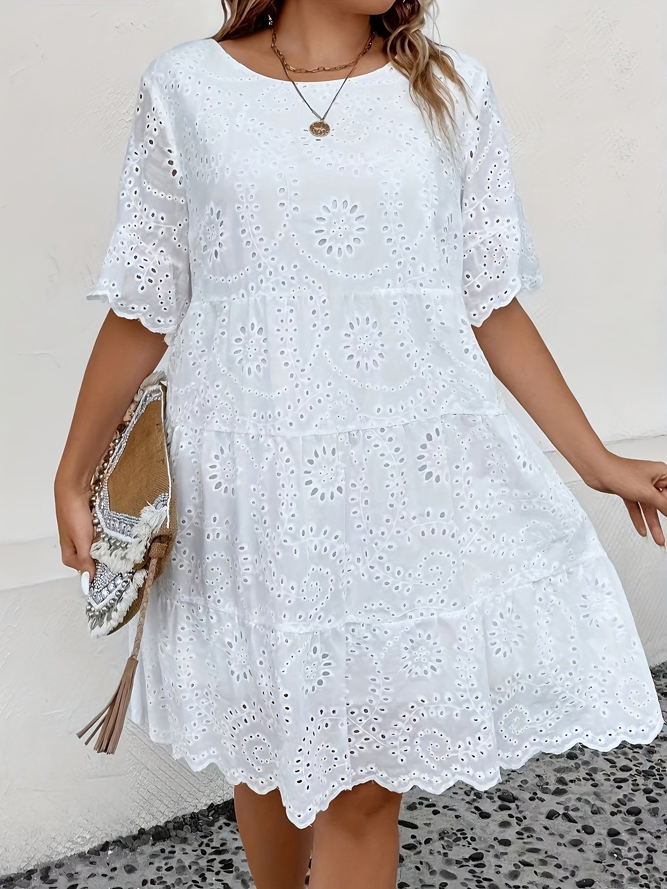 Lace-trimmed plus size dress with eyelet embroidery, round neck, short sleeves, and mesh fabric, ideal for spring and summer.