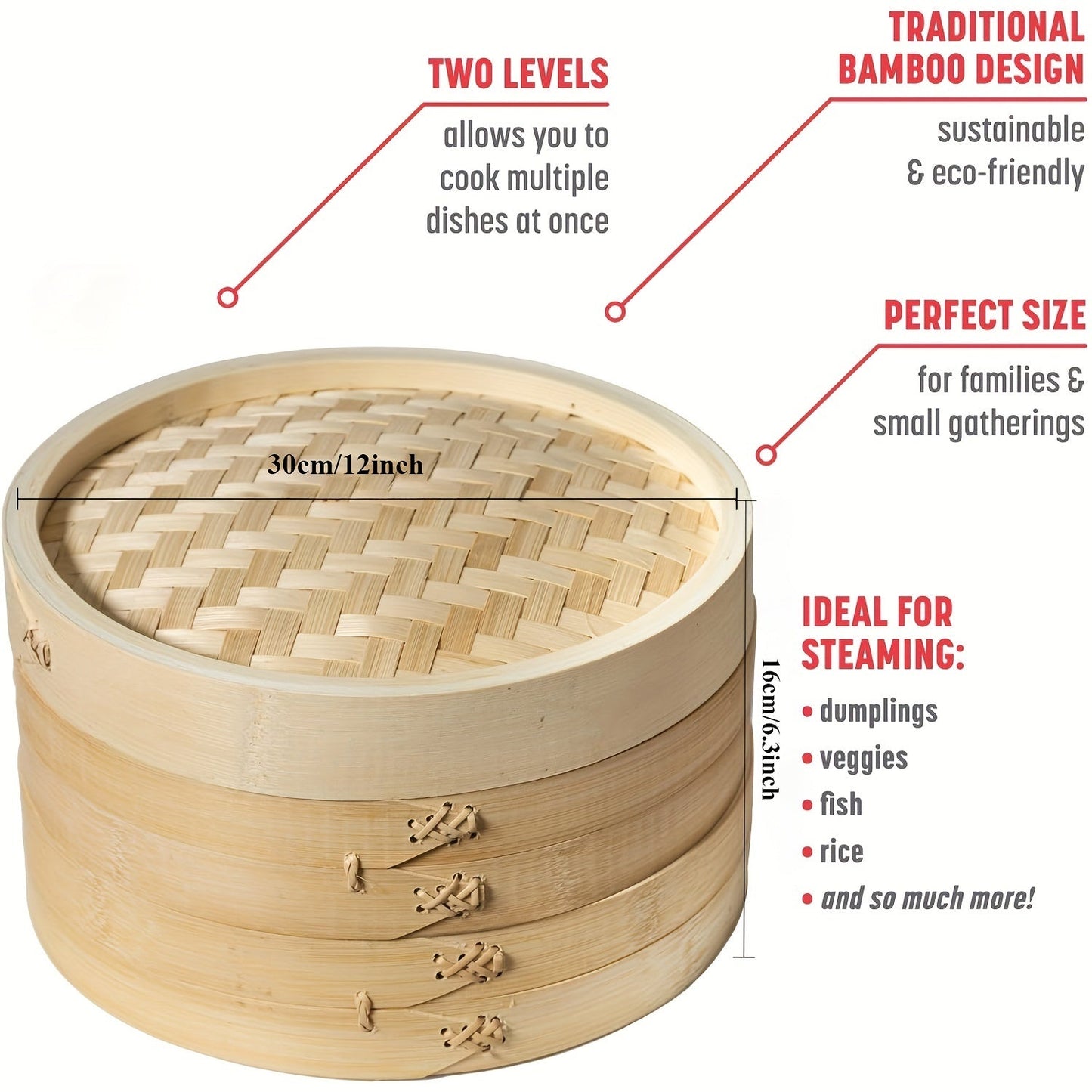 Premium 12-Inch Bamboo Steamer Basket Set - Two Tiers, Ideal for Nutritious Cooking and Meal Preparation