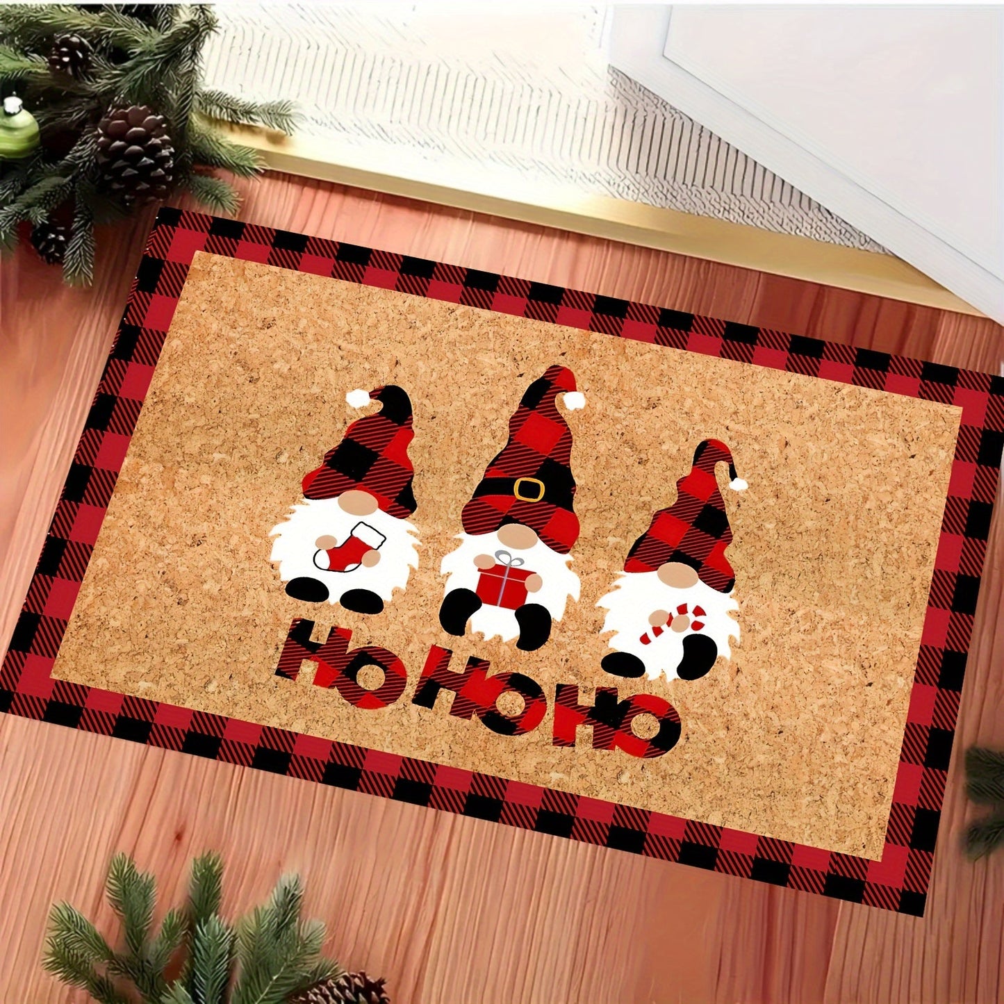 Welcome guests with the Christmas Gnome Doormat! This low-pile rug is machine washable and non-slip, perfect for use in an RV, farmhouse kitchen, bath, bedroom, or entrance. Made of durable polyester, this festive mat is a holiday decorative touch for