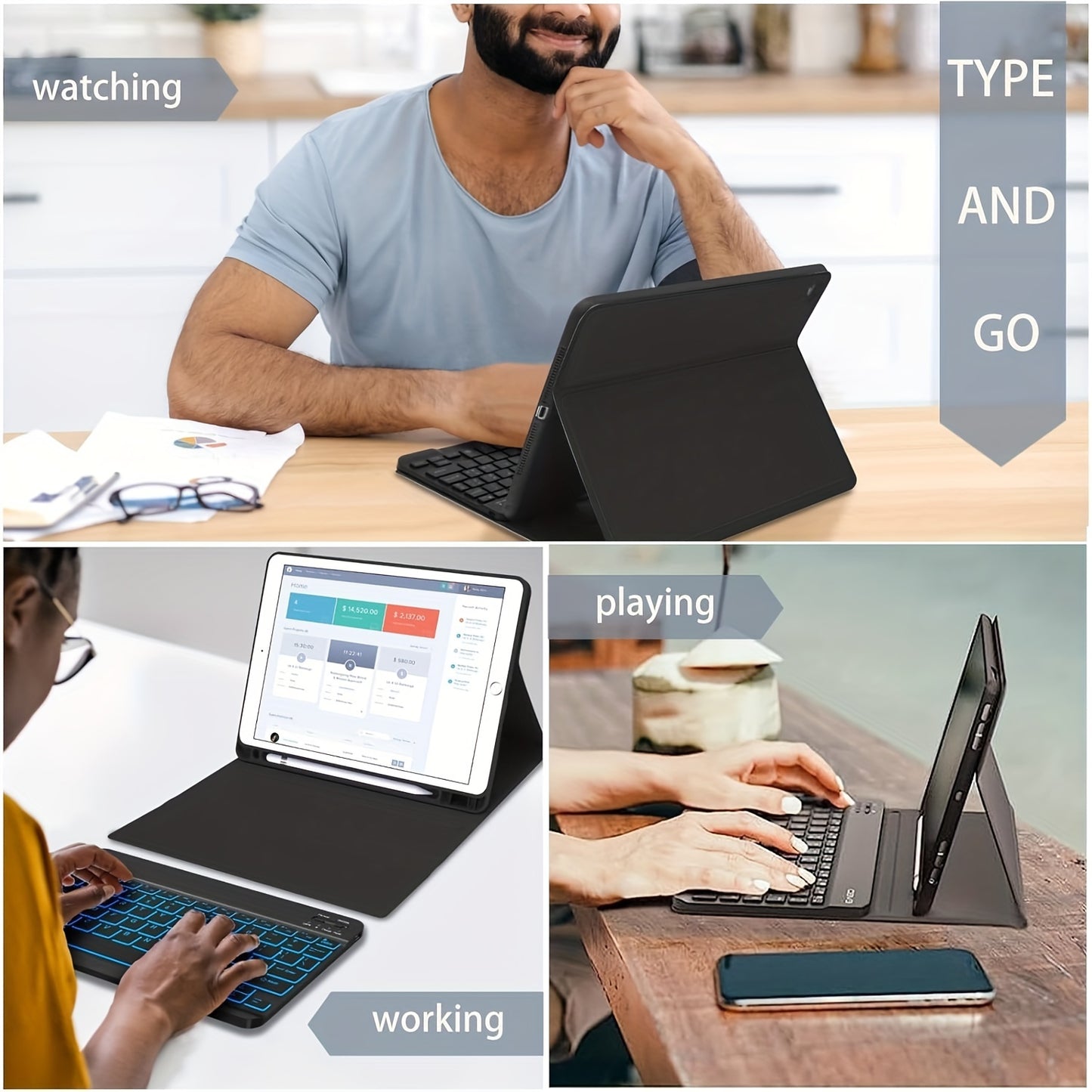 Keyboard case with pencil holder, detachable wireless keyboard, and 7 color backlighting, compatible with iPad 11, 10.9, 10.5, 25.91 cm, iPad 9th/8th/7th gen, iPad 10th gen 27.69 cm, iPad