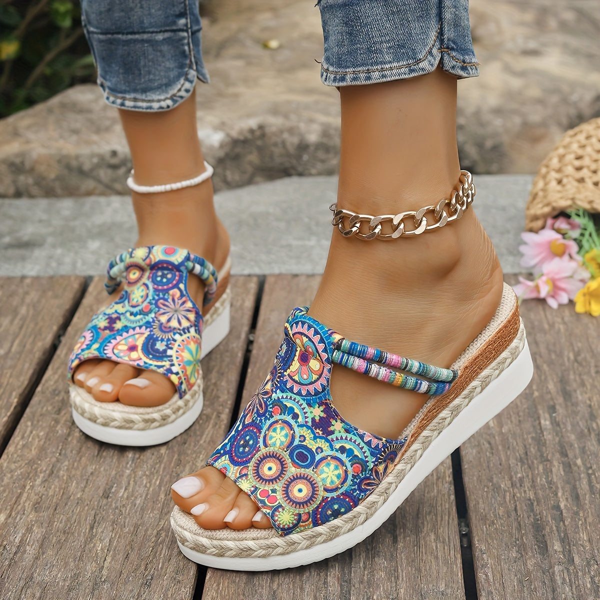 Women's Mandala Print Platform Sandals with Comfort Wedge Beach Slides.