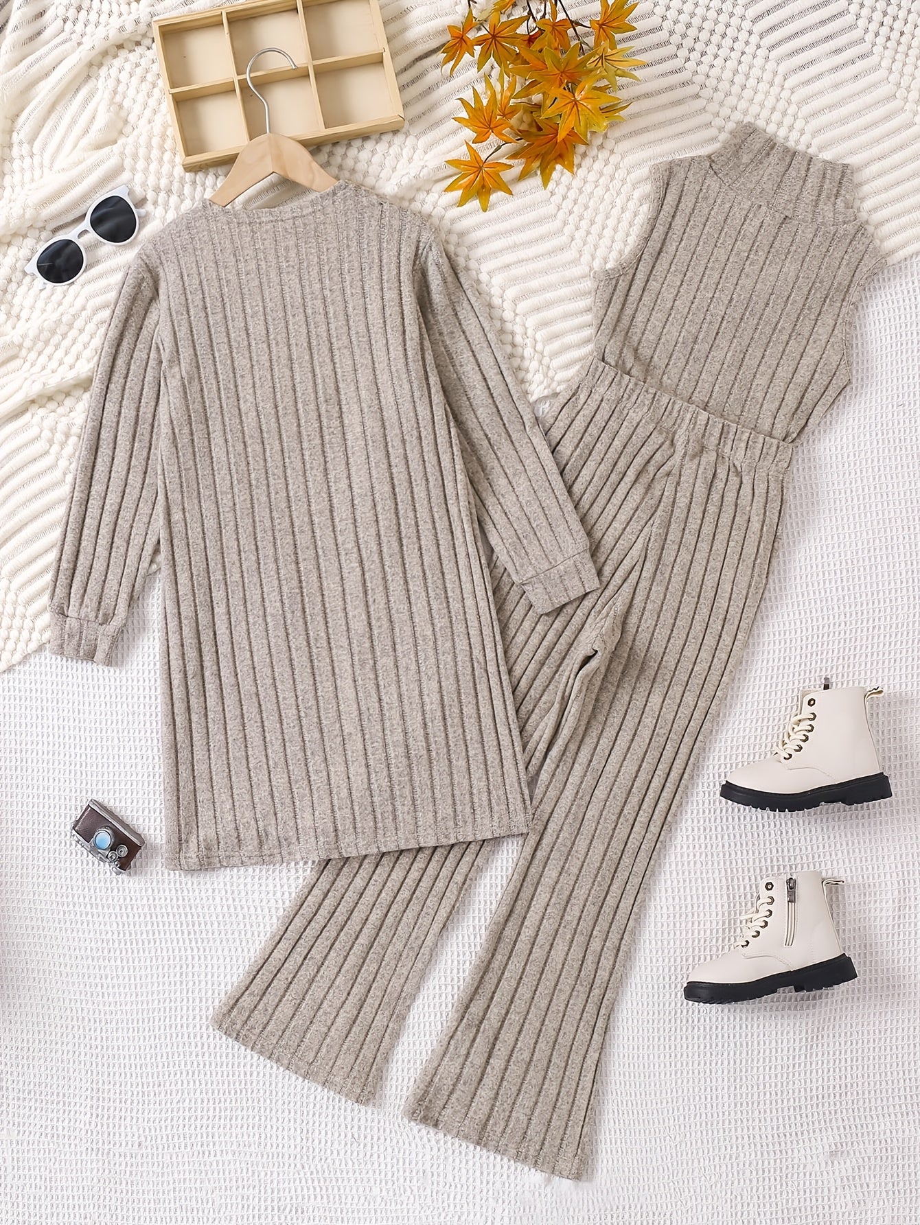 Girl's Ribbed Long-Sleeve Cardigan Set with Tank Top and Pants - Spring & Fall Casual Outdoor Outfit, Gift.