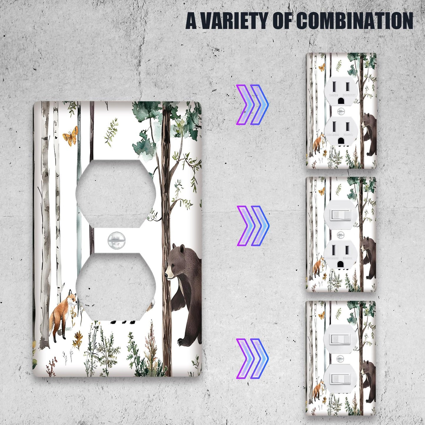 Forest wildlife animal themed light switch cover, featuring moose, deer, fox, and bear. No battery needed. Perfect for home decor in bedrooms, kitchens, and rooms. Available in 1-gang or 2-gang sizes.