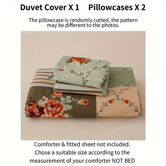 King Size Duvet Set with Elegant Floral & Geometric Prints - Includes 1 Duvet Cover and 2 Pillowcases, Made of Soft Polyester with Zip Closure, Machine Washable for All-Season Comfort in Bedroom & Guest Room, Set of 3 Pieces