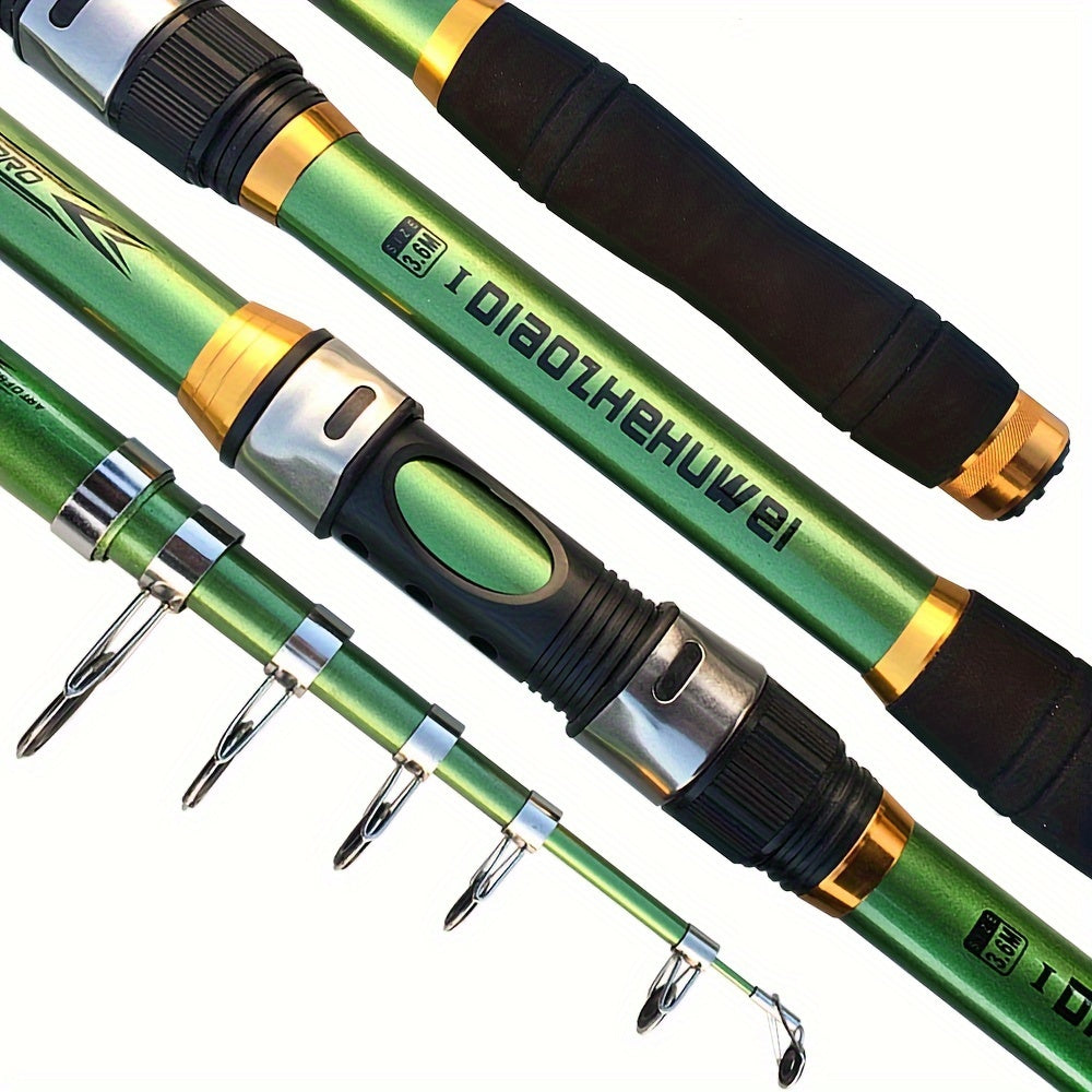 Telescopic fishing rod made of carbon fiber and FRP, 30-70cm extendable with green and black design. Features comfort foam handle and durable ceramic and stainless steel reel seat. Ideal