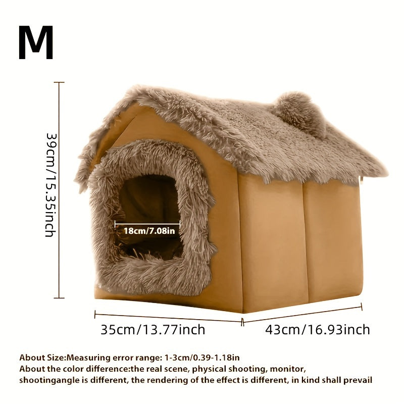 Plush pet bed for cats and dogs with removable non-slip bottom, suitable for four-season use in a semi-enclosed design.