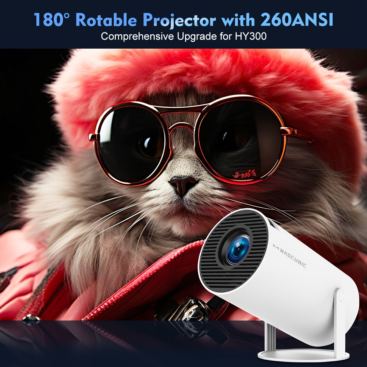 Magcubic 4K Wifi6 projector with Android 11, 260 ANSI, Dual WIFI, EU Plug, Allwinner H713 wireless 5.0, 1280*720P resolution, and HY300 Pro model for home cinema and outdoor use.