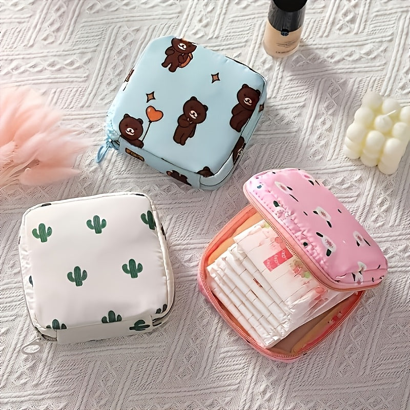 Polyester organizer bag for girls with cartoon design, ideal for storing sanitary napkins. Large capacity and portable. Great for home organization.