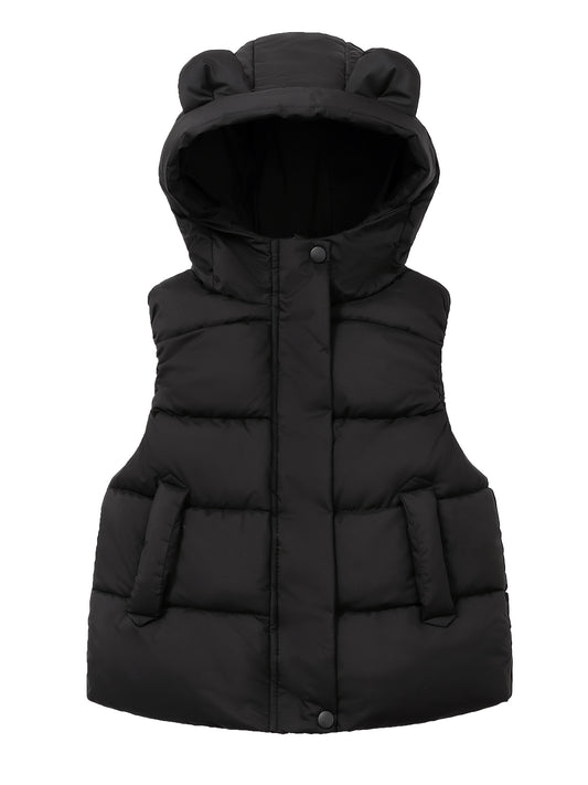 Cozy boys' winter vest in brown, sleeveless with zipper pockets, machine washable, ideal for cold weather.