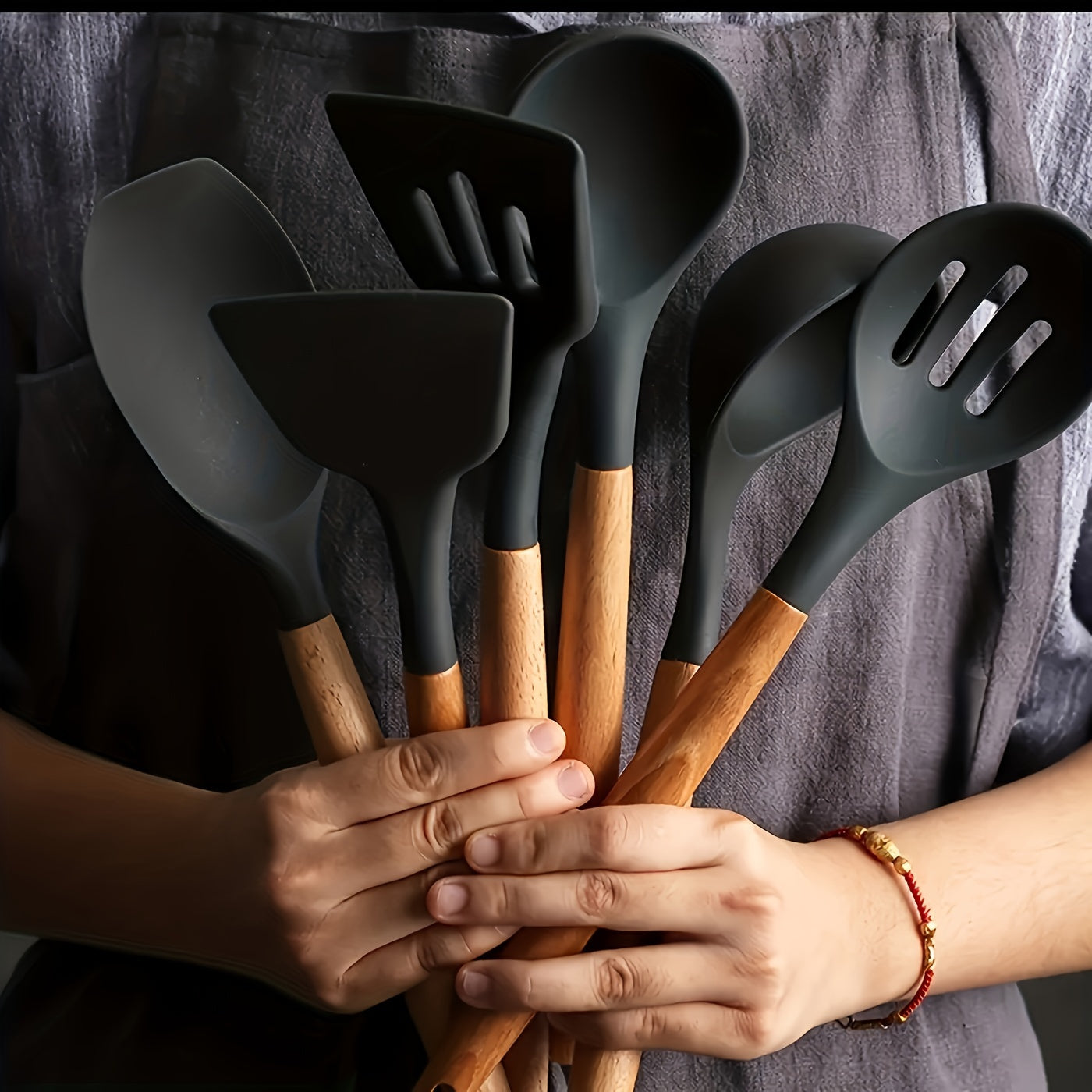 Set of 7 Silicone Cooking Utensils with Wooden Handles, Non-Stick and Heat Resistant, Perfect for Chefs, Complete with Whisk, Spoon, Spatula, and More