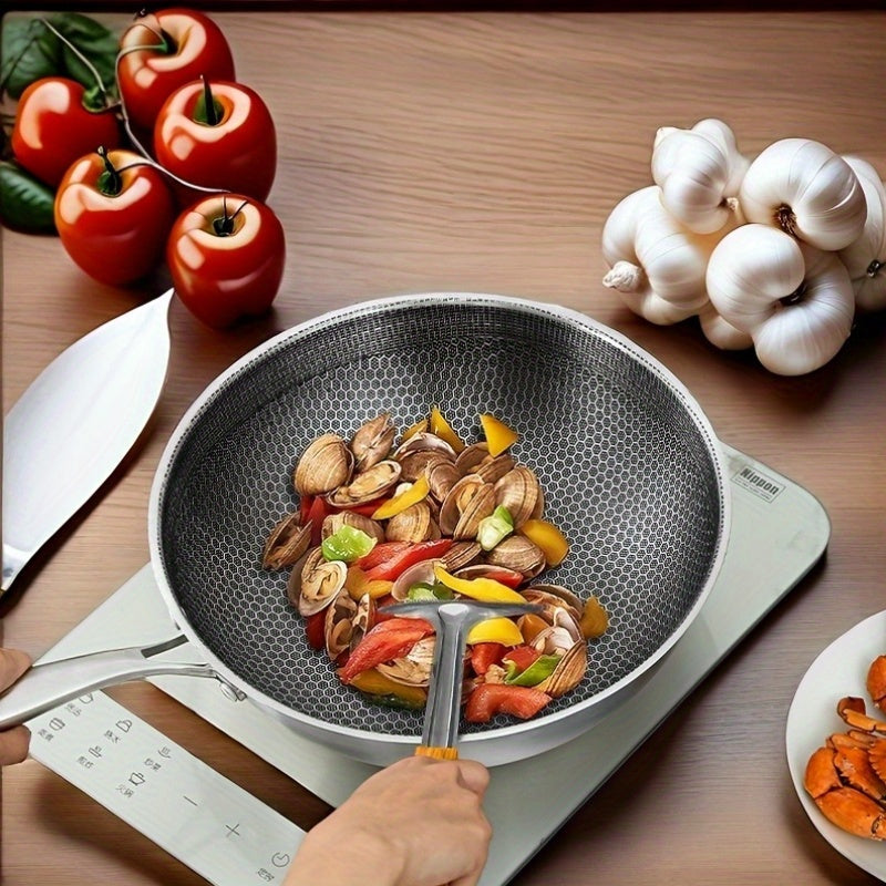 Durable Stainless Steel Wok with Non-Stick Coating, Spacious Cooking Area, Heat-Resistant, Easy to Clean, Ideal for All Your Kitchen Frying Needs.