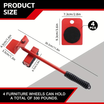 Five-piece furniture moving system made of carbon steel, no battery needed, includes lifter tool set.