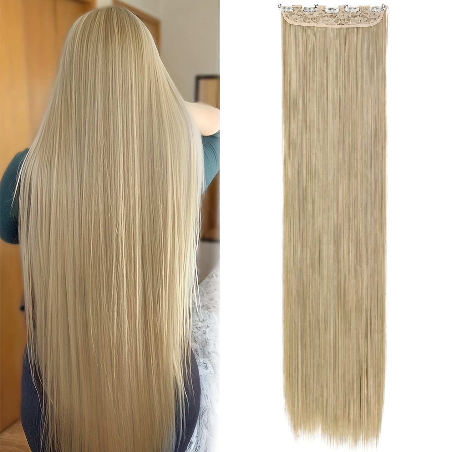 Elegant natural looking synthetic clip-in hair extensions for daily use, 32 inch long straight pieces with 5 clips.