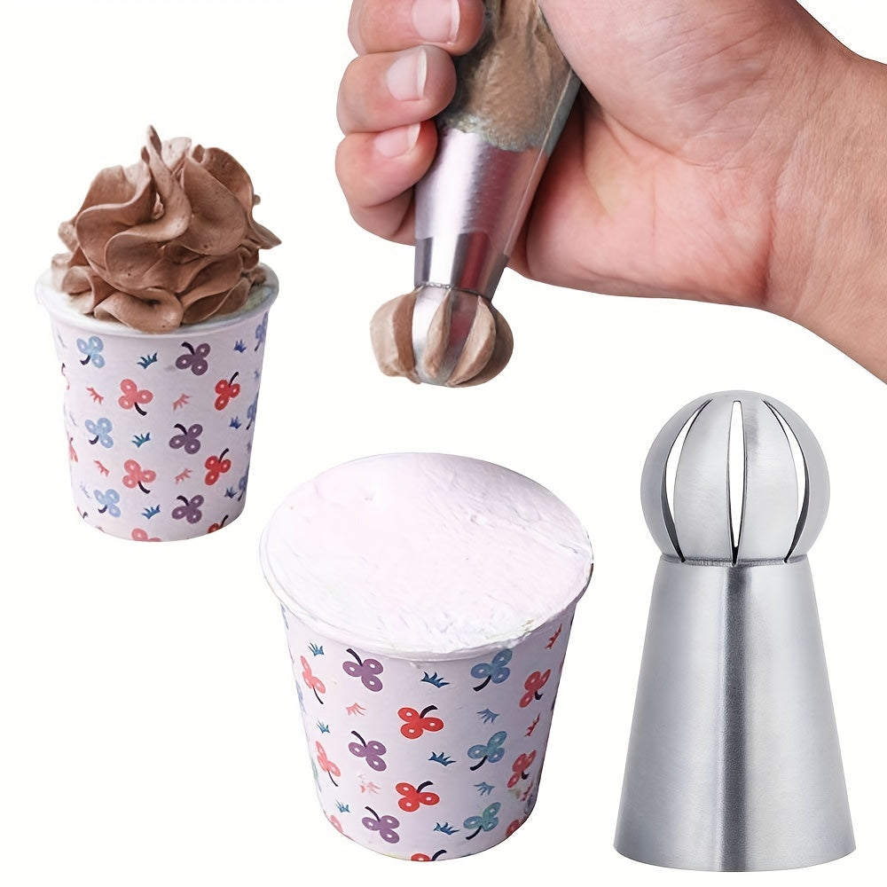 Set of 3 Russian Piping Tips made of durable stainless steel. Perfect for creating intricate designs on cupcakes and cakes, as well as for making puffs. A must-have baking tool and kitchen gadget for any home chef.