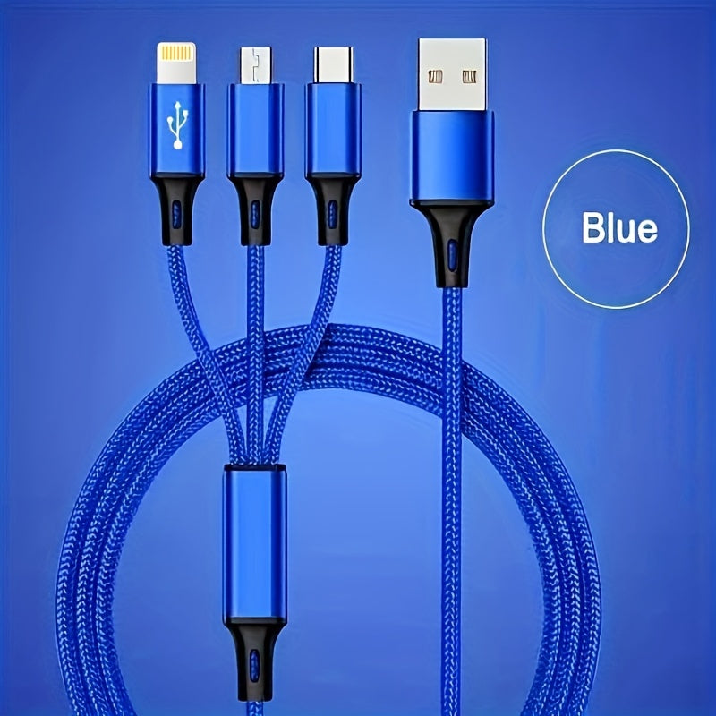 1.2M Nylon Braided Fast Charging Multi-function 3-in-1 Cable for IP/Type-C/Micro-USB, Compatible with Mobile Phones and Tablets