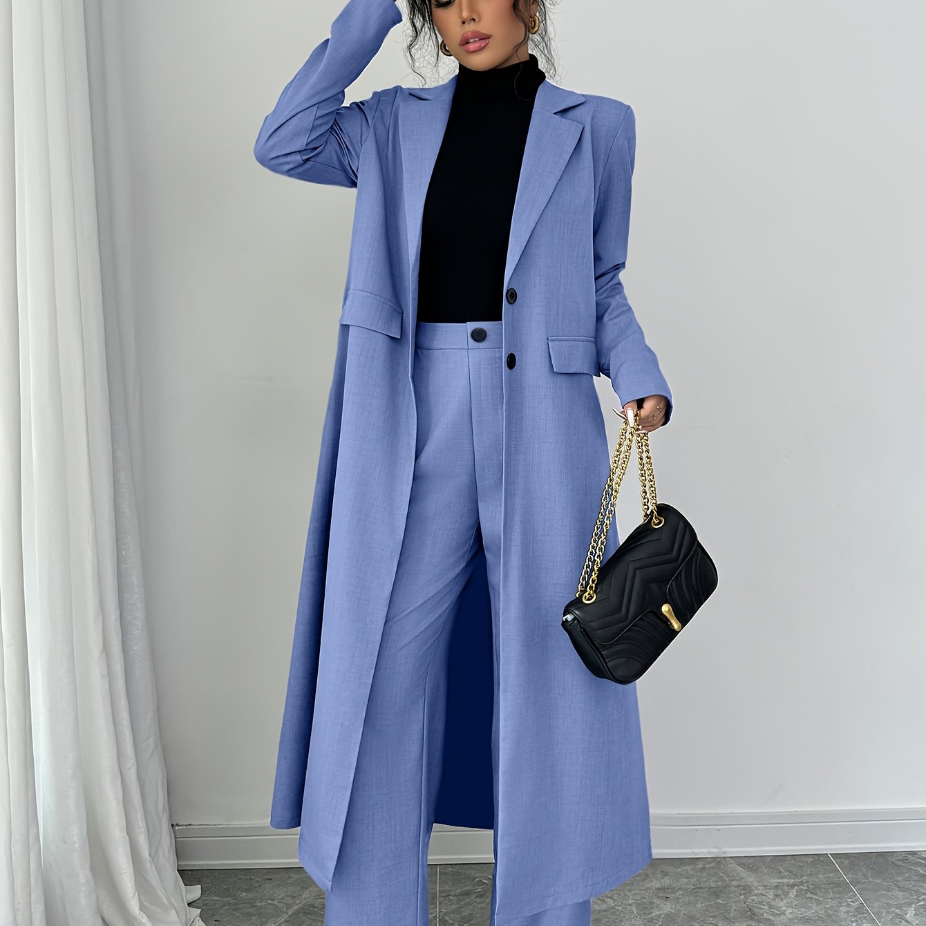 Women's straight-leg suit pants set with long blazer, notched lapel, and solid color polyester outfit for spring/autumn - machine washable.