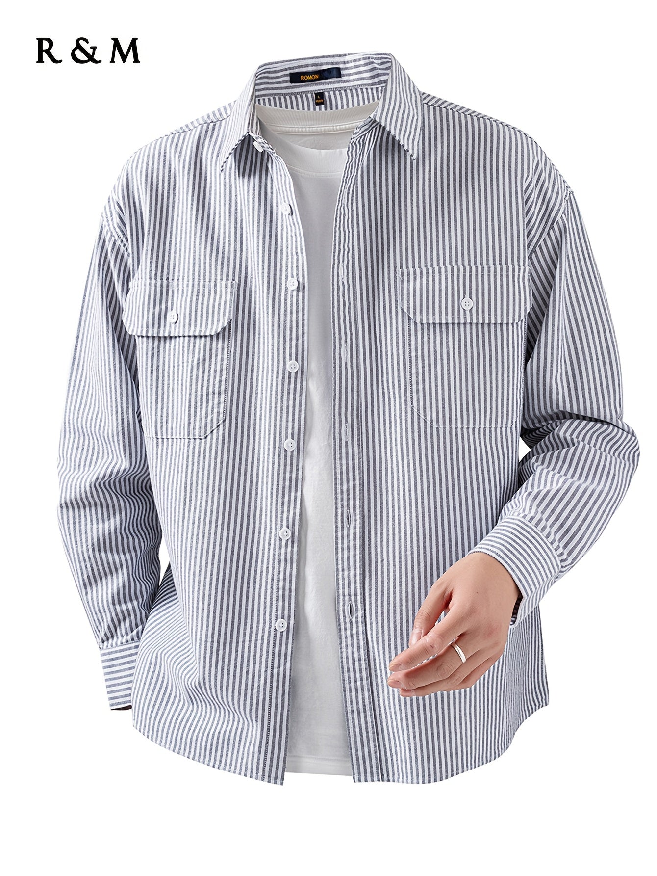 ROMON Men'S Elegant Striped Long Sleeve Casual Shirt - Breathable Comfortable Woven Fabric, Regular Fit H-Silhouette, Button-Up Dress Shirt for All Seasons