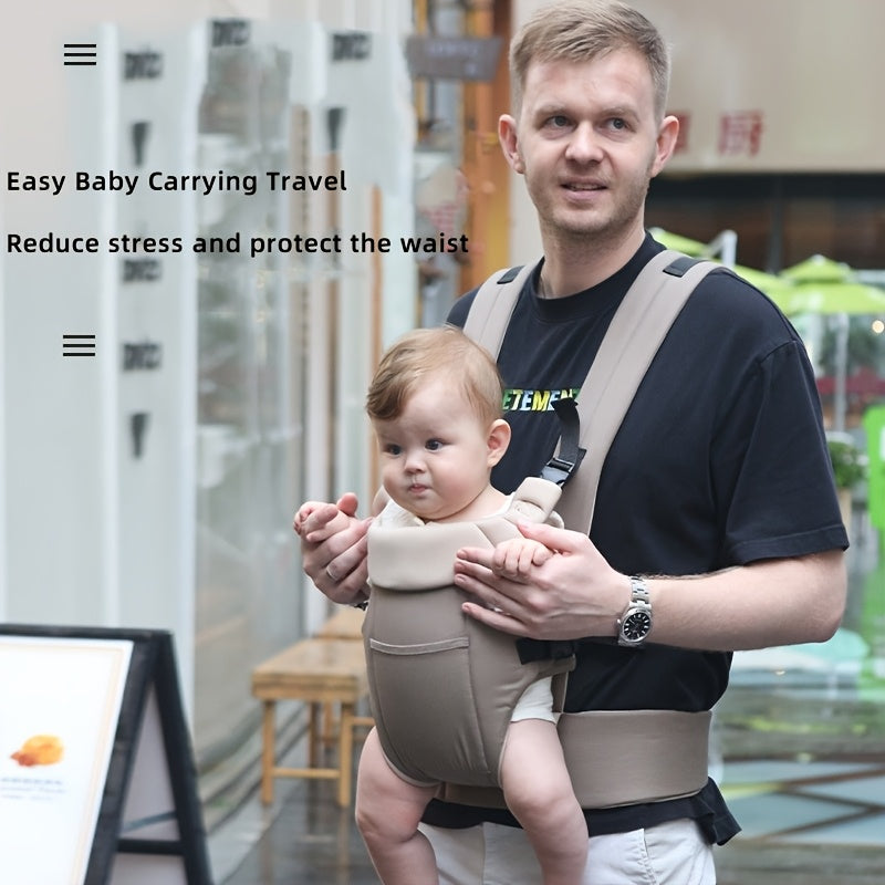 Foldable pad carrier for infants with dual-shoulder straps and thickened waist protection.