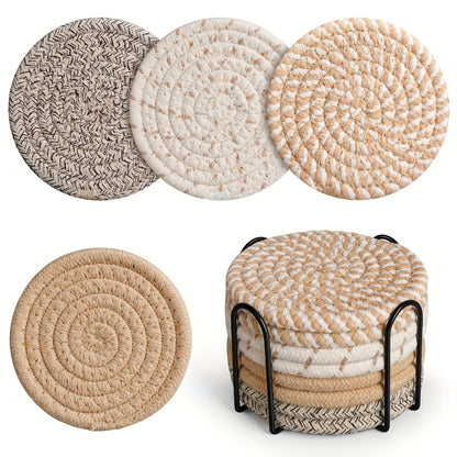 Set of 8 round cotton woven drink coasters with holder, absorbent and ideal for protecting dining tables and adding to home decor. Great housewarming gift.